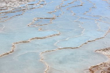 Pamukkale white mineral limestone natural pool. Geology landmark in Turkey