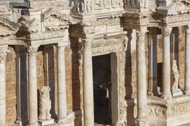 Amphitheatre classic columns in Hierapolis archeology site. Pamukkale, Turkey