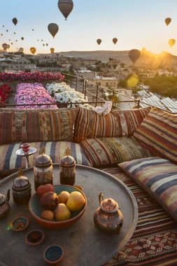 Balloons in rose valley, Cappadocia. Colorful sunrise in Goreme. Turkey