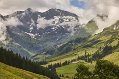 Grossglockner. Serpentine Alpine Yolu bakış açısı. Yeşil vadi ve şelale. Avusturya