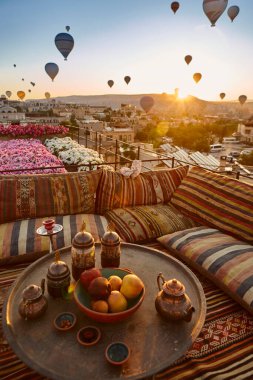 Balloons in rose valley, Cappadocia. Colorful sunrise in Goreme. Turkey