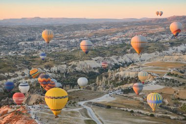 Balloons in rose valley, Cappadocia. Spectacular flight in Goreme. Turkey