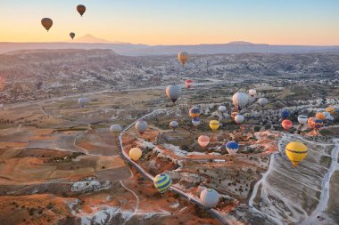 Balloons in rose valley, Cappadocia. Spectacular flight in Goreme. Turkey
