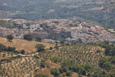 Guadalupe köyü zeytin ağaçlarıyla çevrili. Çatlaklar, Extremadura. İspanya