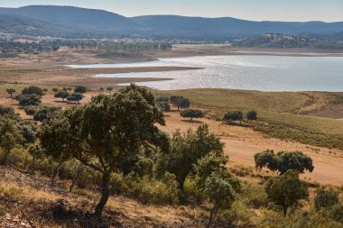 Göl manzarası La Sibirya ekstremenası. Serena su deposu. Badajoz, Extremadura. İspanya