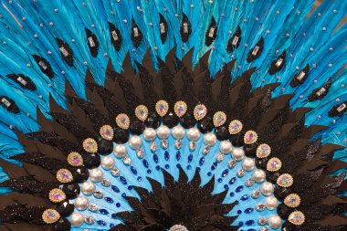 El yapımı yelpaze, mavi tüyler ve takılardan yapılmış. Karnaval zamanı.