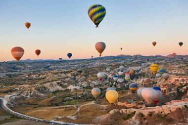 Balloons in rose valley, Cappadocia. Spectacular flight in Goreme. Turkey