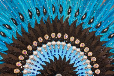 El yapımı yelpaze, mavi tüyler ve takılardan yapılmış. Karnaval zamanı.