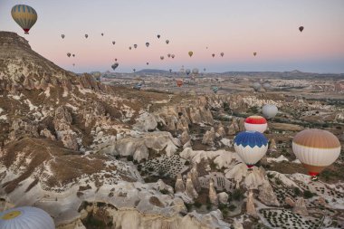 Balloons in rose valley, Cappadocia. Spectacular flight in Goreme. Turkey