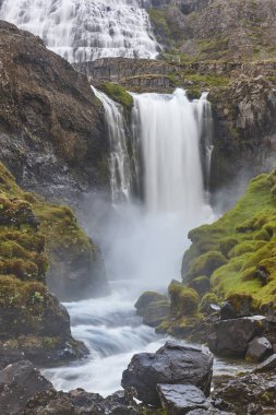 Dynjandivogur Körfezi yakınlarındaki Sahne Fjallfoss şelalesi. İzlanda manzarası. İzlanda