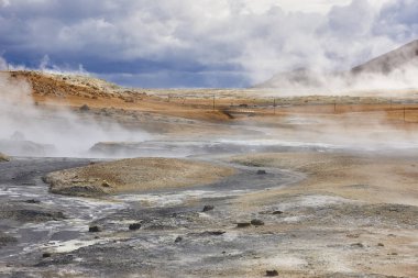 Aktif volkanik alan. Jeotermik bacalar sülfür suları. Krafla. İzlanda