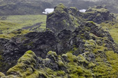 Lakagigar 'ın yosunlu ve sisli manzarası. Volkanik alan. İzlanda