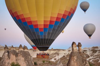 Balloons in rose valley, Cappadocia. Spectacular flight in Goreme. Turkey