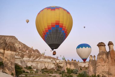 Balloons in rose valley, Cappadocia. Spectacular flight in Goreme. Turkey