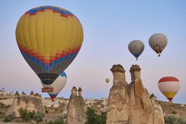 Balloons in rose valley, Cappadocia. Spectacular flight in Goreme. Turkey