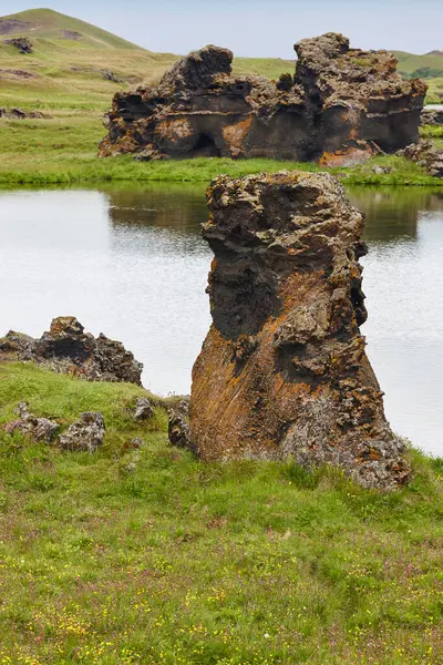 İzlanda manzarası. Sakin sular ve lav oluşumları. Myvatn bölgesi. İzlanda