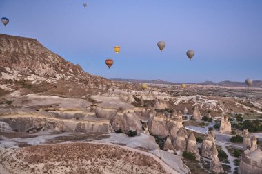 Balloons in rose valley, Cappadocia. Spectacular flight in Goreme. Turkey