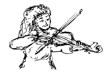 Kadın keman çalıyor, basit bir el çizimi vektörü, beyaz üzerine izole edilmiş.
