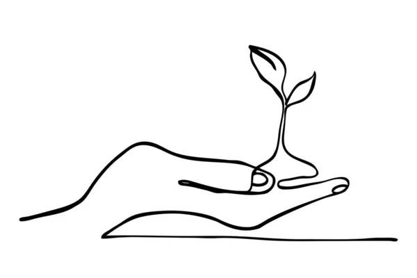Einfache Vektorskizze Hand Halten Kleine Pflanze Einzeilige Kunst Kontinuierlich — Stockvektor