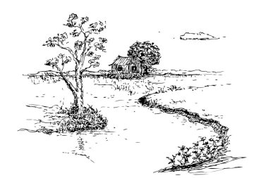 El çizimi basit vektör çizimi küçük ev dağ ve göl