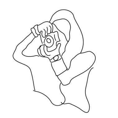 Fotoğrafçı kadın, basit el çizimi çizimi vektörü, beyaz üzerine izole edilmiş.