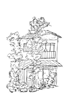 Ağaçlar ve Bitkiler ile Ev, Basit Vektör Çizimi