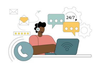 Düz bir şekilde vektör illüstrasyonu. Telsizli çağrı merkezi operatörü. Destek konsepti, yardım, danışmanlık. destek, yardım, çağrı merkezi.