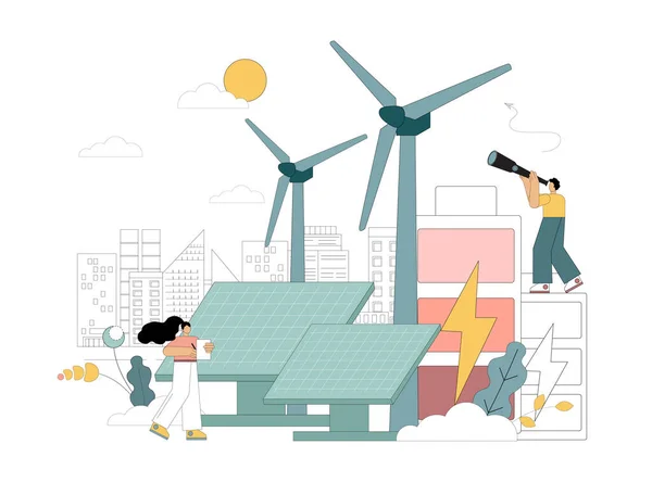 Люди Альтернативные Возобновляемые Источники Энергии Энергия Ветра Добыча Природных Ресурсов — стоковый вектор