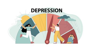 Depresyon kavramı. Duygusal aşırı yüklenme, depresyon. Stres seviyeleri problem çözme konsepti ve küçük insanların baskısı ile azalır. Beyaz arkaplan üzerinde vektör düz illüstrasyon.