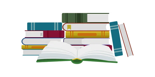 Kitap yığını, açık kitap. Eğitim konsepti. - Okul. Beyaz arkaplanda bebek vektörü düz illüstrasyonu.