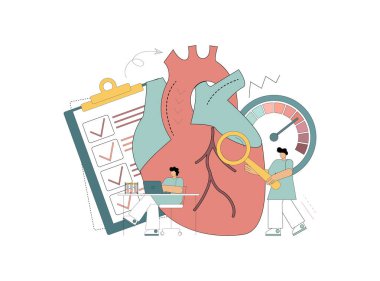 Beyaz arkaplanda vektör düz çizim. Kardiyoloji konsepti. Teşhis, kalp tedavisi için. Hipertansiyon hastalığı. İlaçlar. İnsan kardiyovasküler sistemini inceleyen insanlar
