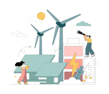 Vektör düz çizim. Yeşil enerji. Yenilenebilir kaynaklardan gelen elektrik enerjisi. Güneş panelleri, rüzgar türbinleri ve bataryalar.