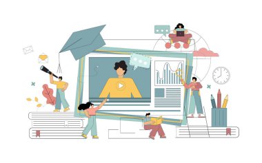 Evde online öğrenme, e-öğrenme konsepti. Düz insanlar internet ve diğer modern aletleri kullanarak uzaktan eğitim görürler. Pastel renklerde beyaz bir arkaplanda izole edilmiş vektör illüstrasyonu.