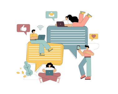 Sohbet mesajlaşma konsepti. Sosyal ağlar, internet iletişimi. Vektör illüstrasyonu