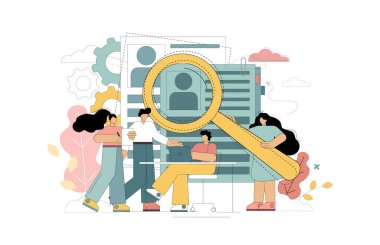 İnsan kaynakları ve kelle avcısı servisi. İş başvuruları listesinin önünde duran kadın ve erkek ofis çalışanları. Vektör