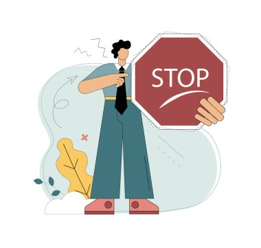 Dur işareti. İtiraz ediyorum. Boykot et. Saldır. Kişisel sınırlarınızı muhafaza edin. Adamın elinde dur işareti var. Vektör düz resimleme