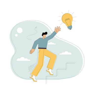 Bir fikir ara. Bir rüyanın peşinde. Kariyer basamaklarını tırmanıyorum. Adamın biri merdivenlerden çıkıp bir ampule uzanıyor, bir fikir. Vektör illüstrasyonu.