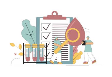 Kan konsepti. Doktorlar kanı inceliyor ve inceliyor. Hastalıkların teşhisi. Kan analizi. Bağış. Vektör düz resimleme