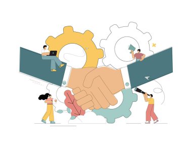 Beyaz arkaplanda vektör düz çizim. Anlaşma sağlandı. İşbirliği. Etkili iletişim. Hedefe ulaşılıyor.