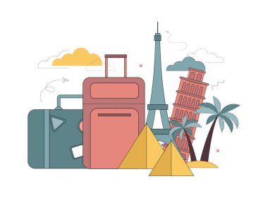Seyahat konsepti. Eyfel Kulesi, Eğik Pisa Kulesi, Mısır piramitleri, palmiye ağaçları, düz illüstrasyon.