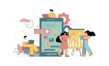 İnsanlar takım çalışmasıyla iş yapıyor. Beyaz arkaplan üzerinde vektör düz illüstrasyon.