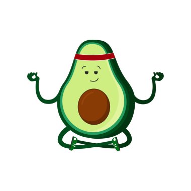 Tatlı avokado meditasyon yapıyor, lotus pozisyonunda oturuyor. Yoga dersi. Sağlıklı bir yaşam tarzı. Vejetaryenlik. Vektör illüstrasyonu