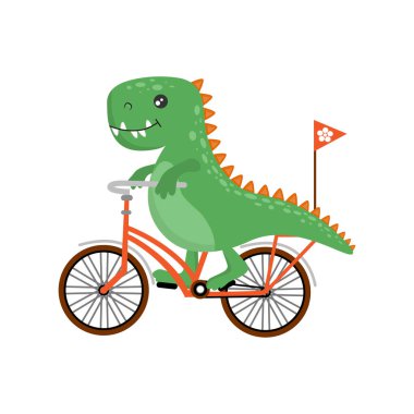 Şirin dinozor bisiklete biniyor ve elini sallıyor. Dinozor ve spor. Sağlıklı bir yaşam tarzı. Bisiklet. Vektör illüstrasyonu.