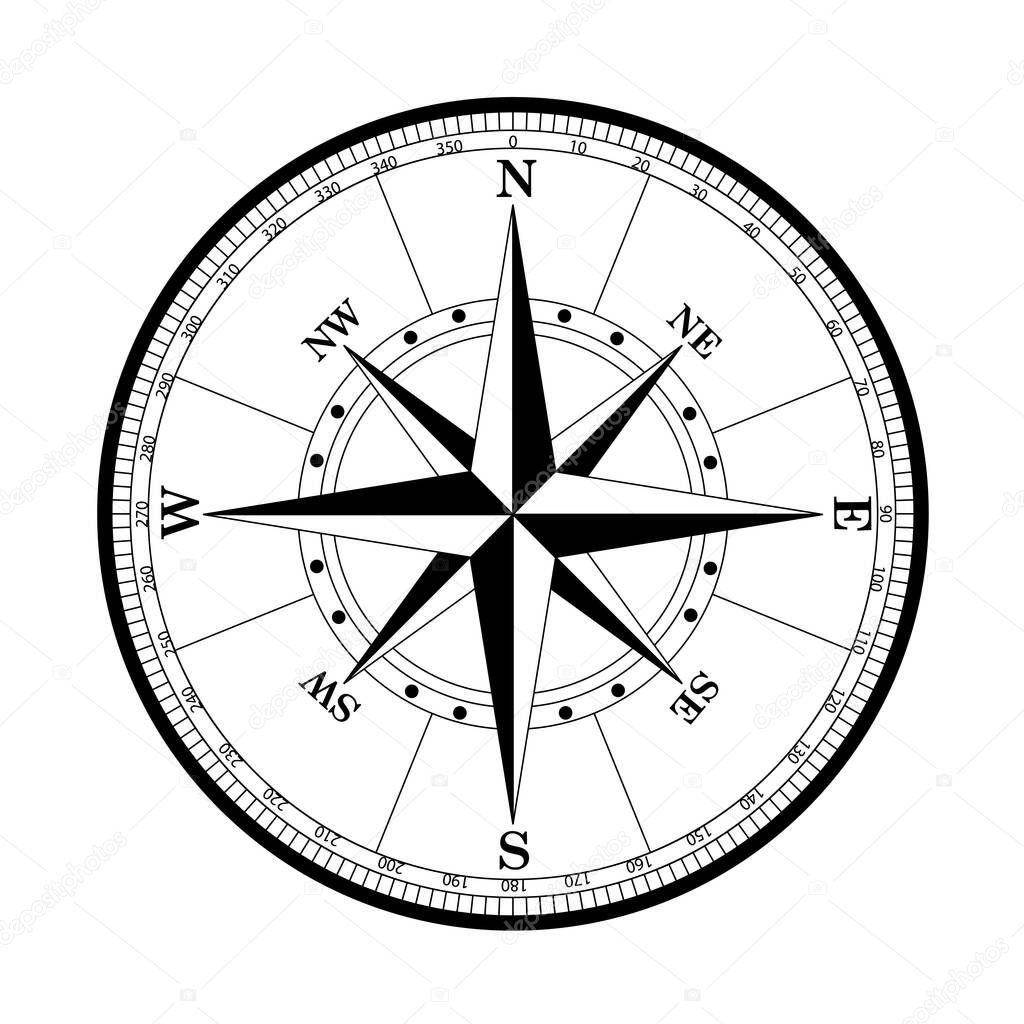 Rose of Wind. Nautical compass. Black and white image of a cartographic designation of the main geographical azimuths of the sides of the horizon in the form of a star with the number of rays divisible by four