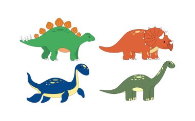 Bir grup şirin karikatür dinozor diplodocus, plesiosaurus, triceratops, stegosaurus. Çocuklar için tarih öncesi hayvanlar.