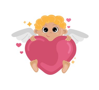 Küçük sevimli Aşk Tanrısı 'nın elinde bir kalp var. Aşk kavramı. Çıkartma aşkı, aşk tanrısı, tutku. Sana kalbimi veriyorum..