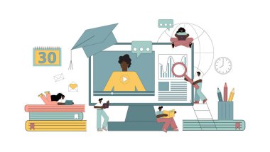 E-öğrenme kavramları. Evde internet eğitimi. Koyu tenli öğrenciler öğrenir, bilgi kazanır..