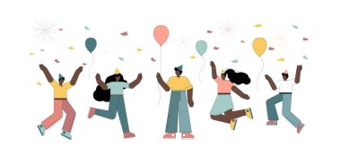 Bir grup mutlu insan doğum gününü, zaferi, yeni yılı, sözleşmeyi kutluyor..