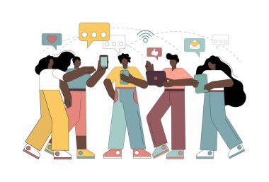 Sosyal uzaklık. Maskeli insanlar sosyal ağlarda iletişim kurarlar. Uzaktan çalışma için aygıtlar kullanılıyor.