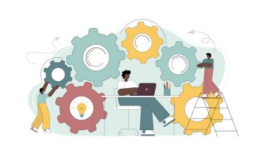 Takım çalışması konsepti. İş akışı yönetimi. Bir dişlinin dönüşü, dişliler